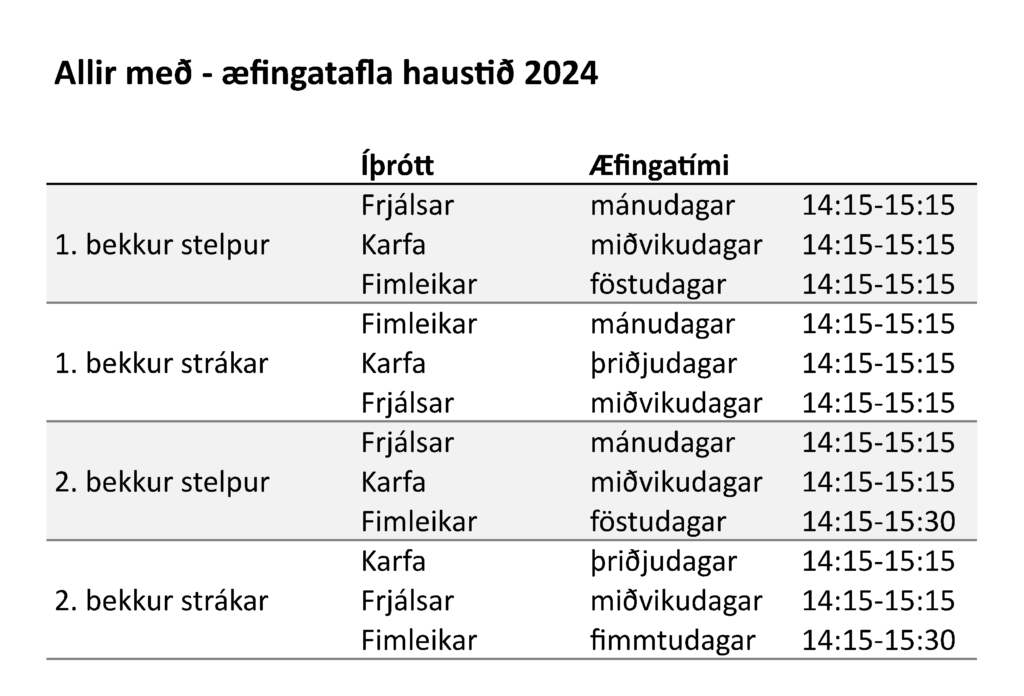 Tímatafla Allir með veturinn 2024-2025